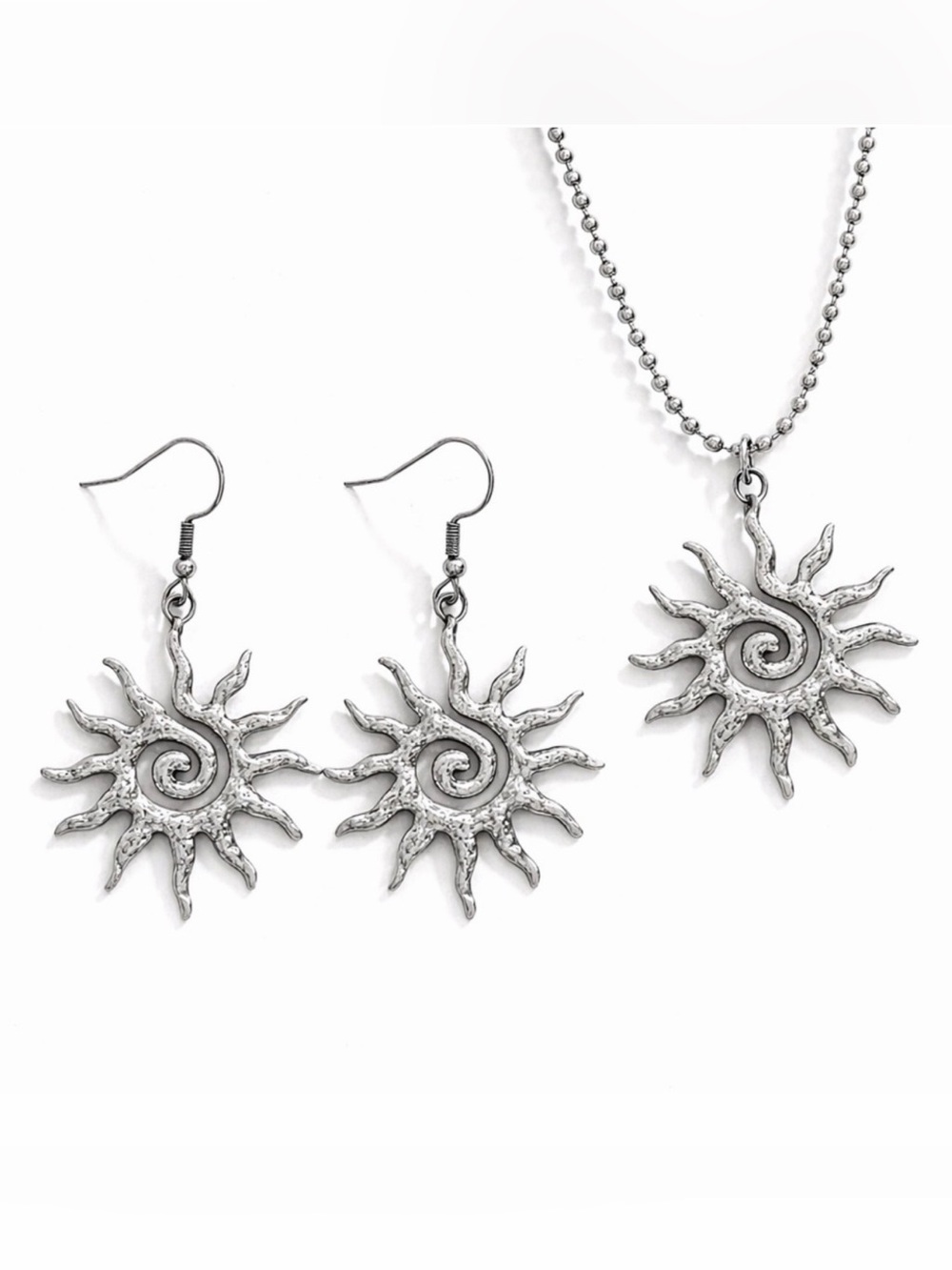 Silver Sun Spiral Boho Jewelry Set – Stainless Steel Necklace & Earrings